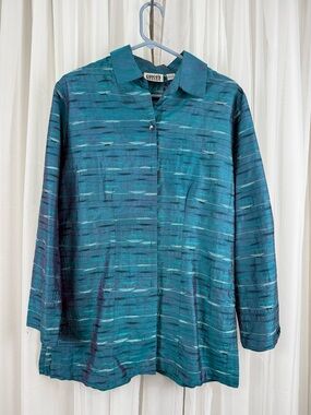 Chico’s Silk Shirt Jacket Size 1 Blue Teal Beaded Button Front